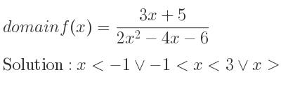The domain of f(x)=(3x+5)/(2x^2-4x-6) is x<-1\lor-1<x<3\lor x>3